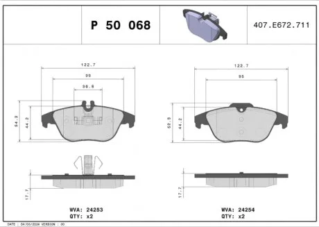 Колодки гальмівні дискові (комплект 4 шт) ЗАДН MB GLK (X204) 280 4 MATIC, 350 4 MATIC, 220 CDI 4 MATIC, P50068 BREMBO P50 068