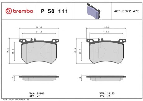 Колодки гальмівні дискові ПЕРЕДН MERCEDES BENZ S-CLASS 2013 -, SL 2012 - BREMBO P50 111