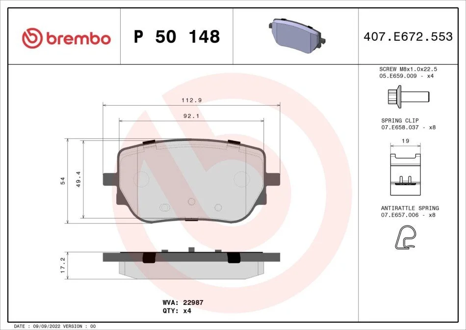 Тормозные колодки дисковые BREMBO P50 148 (фото 1)