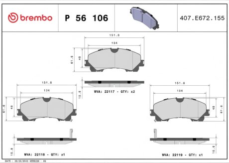 Колодки гальмівні дискові (комплект 4 шт) ПЕРЕДН INFINITI (DONGFENG) Q50L 11/14- / INFINITI Q50 04/13- BREMBO P56 106