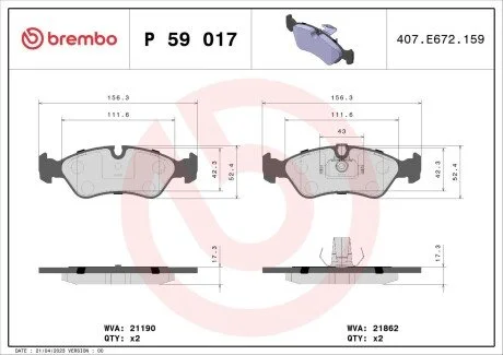 Гальмівні колодки дискові BREMBO P59 017