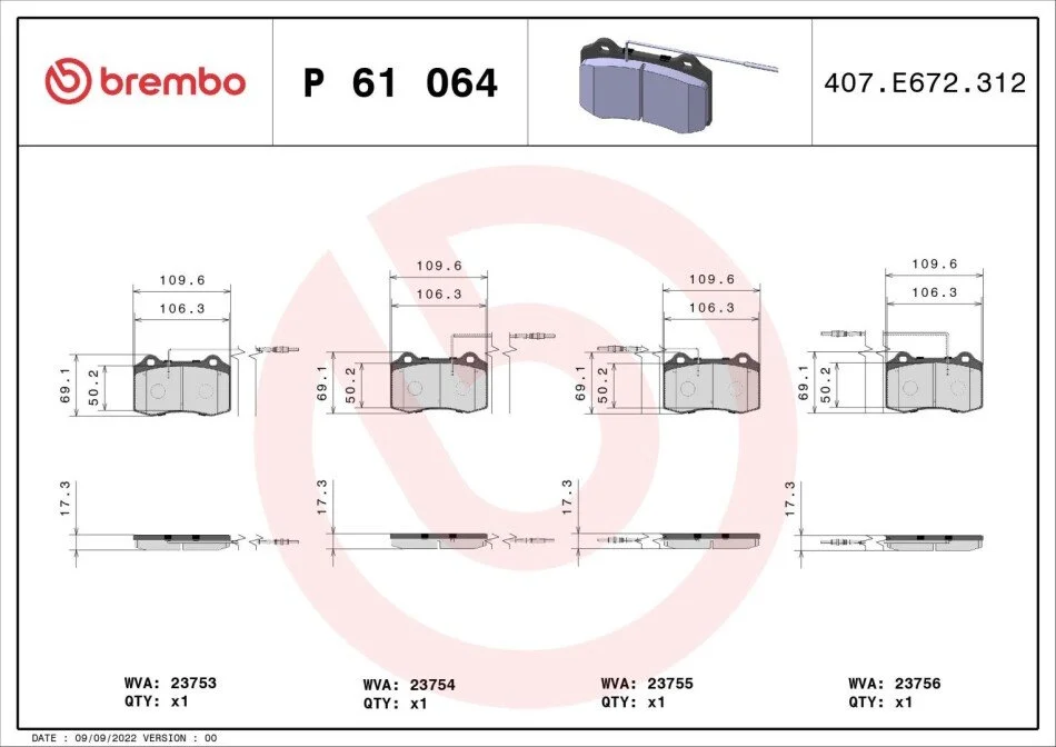Тормозные колодки дисковые BREMBO P61 064 (фото 1)