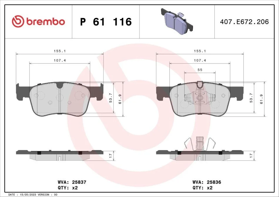 Гальмівні колодки дискові BREMBO P61 116 (фото 1)