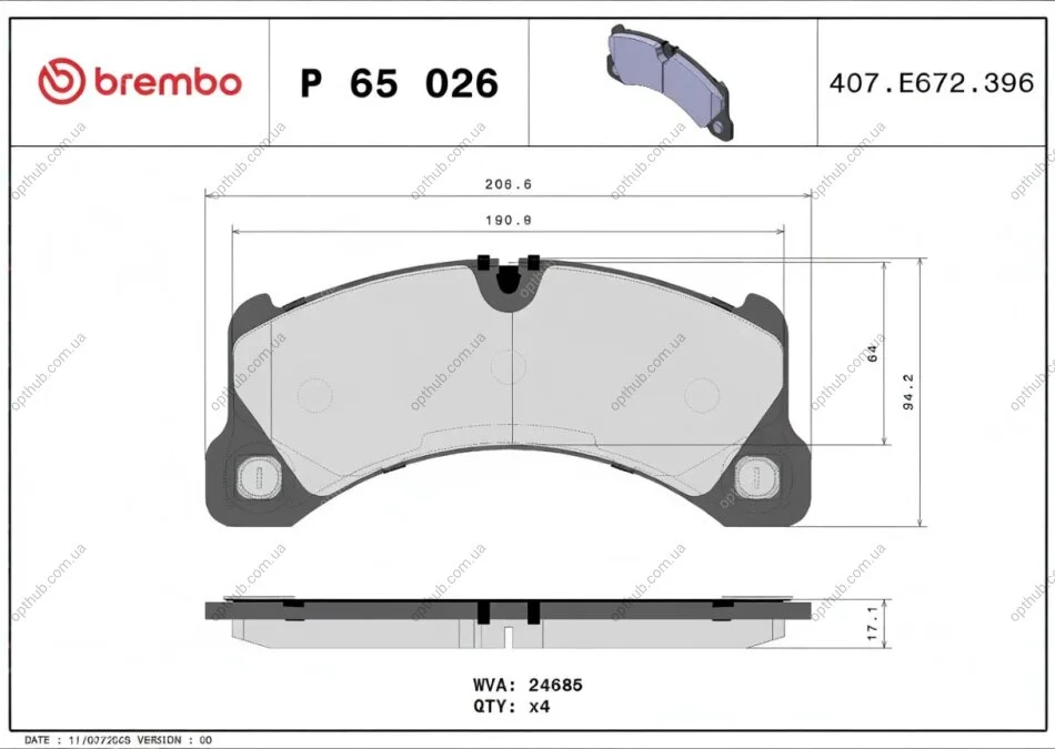 Колодки гальмівні дискові ПЕРЕДН PORSCHE CAYENNE 3.0-4.8 2010-,PANAMERA 3.6 4.8 09-;VW TOUAREG 5.0-6.0 P65026 BREMBO P65 026 (фото 1)