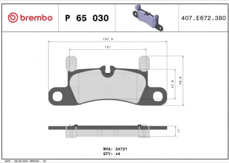 Колодки гальмівні дискові ЗАДН PORSCHE CAYENNE 3.0-4.8 2010- ДИАМЕТР ДИСКА 358" BREMBO P65 030