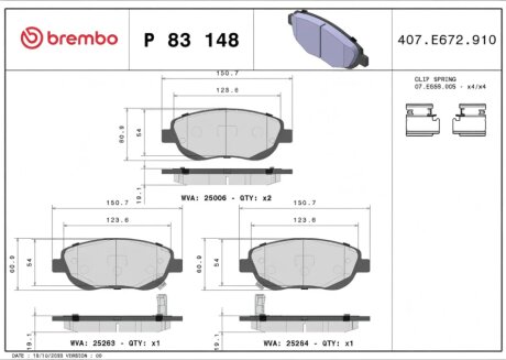 Колодки гальмівні дискові ПЕРЕДН TOYOTA AVENSIS/AVENSIS SW 2.2 D 4D 11/08-,VERSO 2.2 D 4D 02/09- -ua BREMBO P83 148