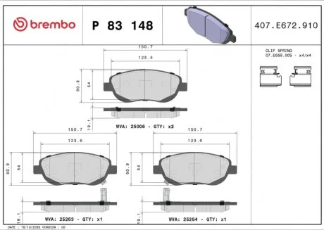 Колодки гальмівні дискові ПЕРЕДН TOYOTA AVENSIS/AVENSIS SW 2.2 D 4D 11/08-,VERSO 2.2 D 4D 02/09- P83148-ua BREMBO P83 148