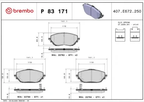 Колодки тормозные дисковые передние TOYOTA C-HR (_X1_) 10/16,TOYOTA COROLLA ESTATE (_E21_) 02/19,TOYOTA P 83 171 BREMBO P83 171