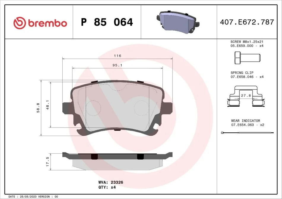 Колодки гальмівні дискові ЗАДН AUDI A4 03.2003-,VW PHAETON 02.2004- P85064-ua BREMBO P85 064 (фото 1)