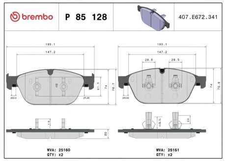 Колодки гальмівні дискові ПЕРЕДН AUDI A6 2.0-3.0 2011-,A7 2010- -ua BREMBO P85 128