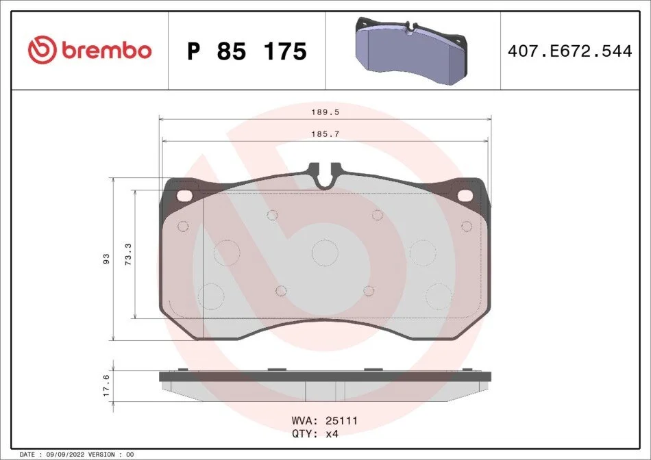 Тормозные колодки дисковые BREMBO P85 175 (фото 1)