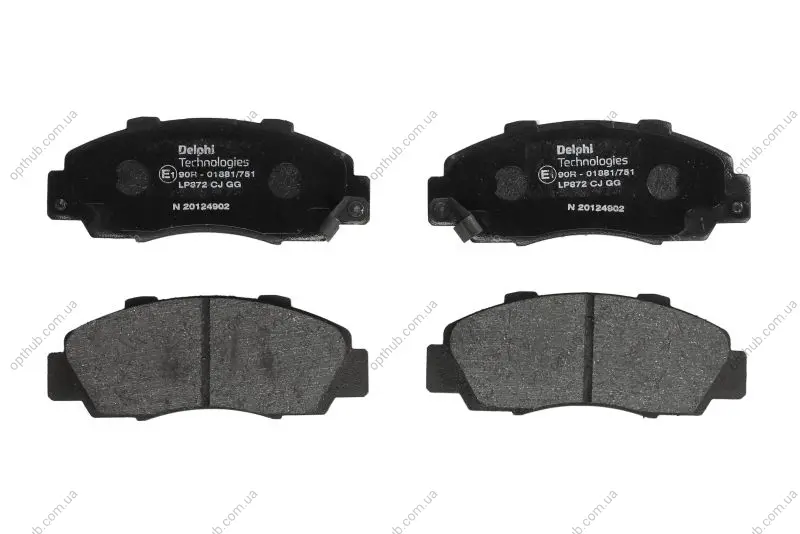 Комплект гальмівних колодок передн, HONDA ACCORD IV, ACCORD V, ACCORD VI, CIVIC VI, CIVIC VIII, CR-V I, HR-V, INTEGRA, LEGEND II, LEGEND III, LEGEND IV, NSX I, PRELUDE IV 1.6-3.5 06.90- Delphi LP0872 (фото 1)