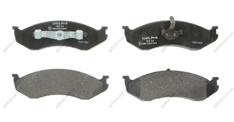 Комплект гальмівних колодок передн, JEEP CHEROKEE, COMANCHE, GRAND CHEROKEE I, WRANGLER I, WRANGLER II, WRANGLER III KIA CARNIVAL I 2.1D-5.9 10.84- Delphi LP1615 (фото 1)