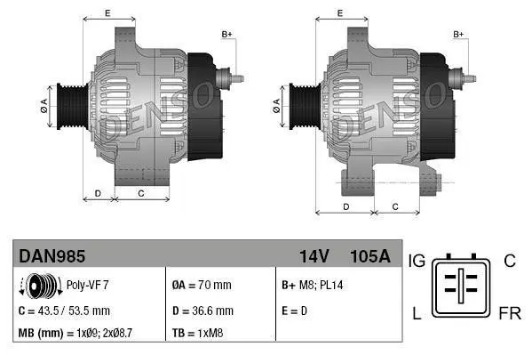 Генератор (14В, 105А, новий із заставою) HONDA ACCORD VII, ACCORD VIII, CIVIC VIII, CR-V II, CR-V III, FR-V 2.2D 01.04-06.15 DENSO DAN985 (фото 1)