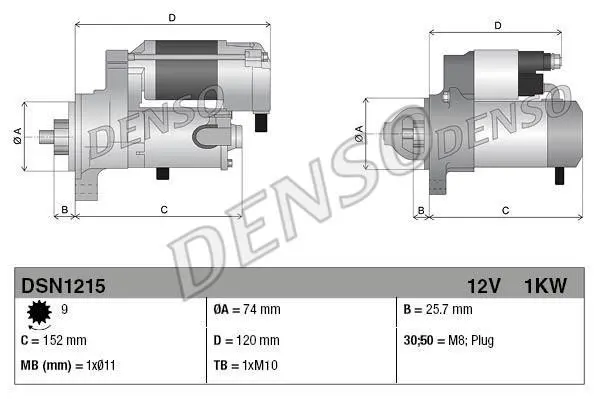 Стартер (12В, 1кВт, новий із заставою) TOYOTA IQ 1.0 01.09-12.15 DENSO DSN1215 (фото 1)