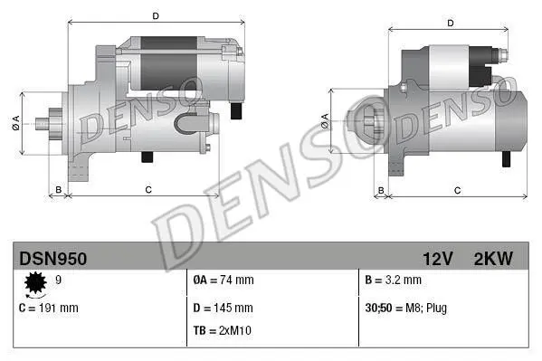 Стартер (12В, 2кВт, новий із заставою) TOYOTA AVENSIS, CARINA E VI, COROLLA, COROLLA VERSO 2.0D 01.96-03.09 DENSO DSN950 (фото 1)