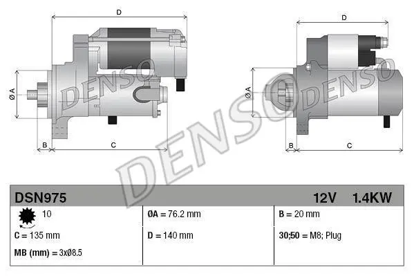 Стартер (12В, 1,4кВт, новий із заставою) ALFA ROMEO MITO FIAT 500, 500 C, 500L, PANDA, PUNTO LANCIA YPSILON 0.9/0.9CNG/0.9LPG 09.09- DENSO DSN975 (фото 1)