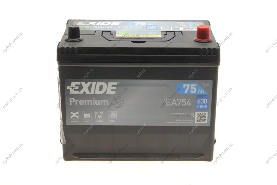 Акумуляторна батарея 75Ah/630A (270x172x222/+R/B01) Premium Азия UA63 EXIDE EA754 (фото 1)