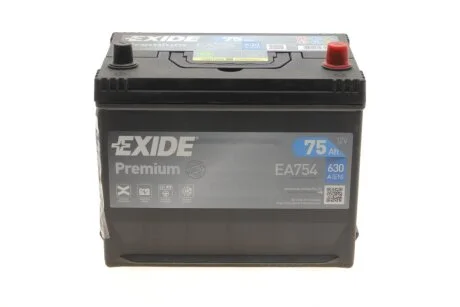 Акумуляторна батарея 75Ah/630A (270x172x222/+R/B01) Premium Азия UA63 EXIDE EA754