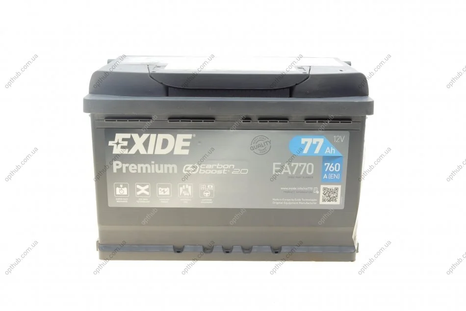 Акумуляторна батарея 77Ah/760A (278x175x190/+R/B13) Premium (opt-om) EXIDE EA770 (фото 1)