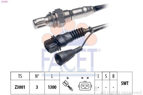Датчик кислорода (лямбда-зонд) (3 пров.., 710mm) AUDI 100/80/A6/VW PASSAT 1.8-4.2 85-99 (10.7051) FACET 107051