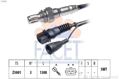 Датчик кислорода (лямбда-зонд) (3 пров.., 710mm) AUDI 100/80/A6/VW PASSAT 1.8-4.2 85-99 (10.7051) Facet FACET 107051