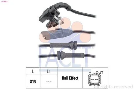 Датчик ABS Citroen C4, C4 I, C4 II, DS4/Pеugeot 307, 308 04- задній Л/Пр (21.0063) Facet FACET 210063