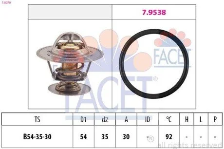 Термостат Opel Omega A/Ascona B/Ford Scorpio/Volvo S60/S70/V70 2.0-3.0 i/D -98 (92 C) (7.8279) Facet FACET 78279