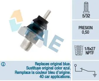 Датчик тиску масла (0,5Бар, 1 pin, чорн) FORD TRANSIT, TRANSIT TOURNEO 2.5D 12.85-12.00 FAE 12040 (фото 1)