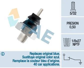 Датчик тиску масла (0,5Бар, 1 pin, чорн) FORD TRANSIT, TRANSIT TOURNEO 2.5D 12.85-12.00 FAE 12040