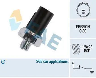 Датчик тиску масла (0,3Бар, 1 pin, чорн) HYUNDAI ACCENT II, ACCENT III, ATOS, COUPE II, ELANTRA III, GENESIS, GETZ, GRANDEUR, H-1, H-1 / STAREX, H-1 CARGO, H-1 TRAVEL, H100, I10 I 1.0-3.8 07.93- FAE 12990 (фото 1)
