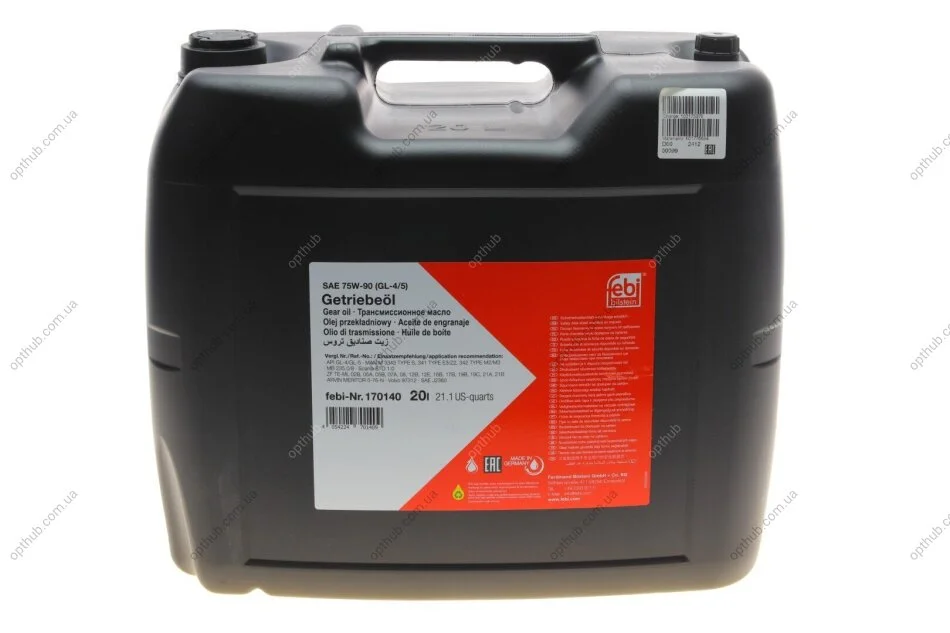 Масло КПП 75W90 (GL-4/5) (20L) (3343 TYPE S/341 TYPE E3/MB 235.8/SAE J2360/Scania STO 1:0) UA63 FEBI BILSTEIN 170140 (фото 1)