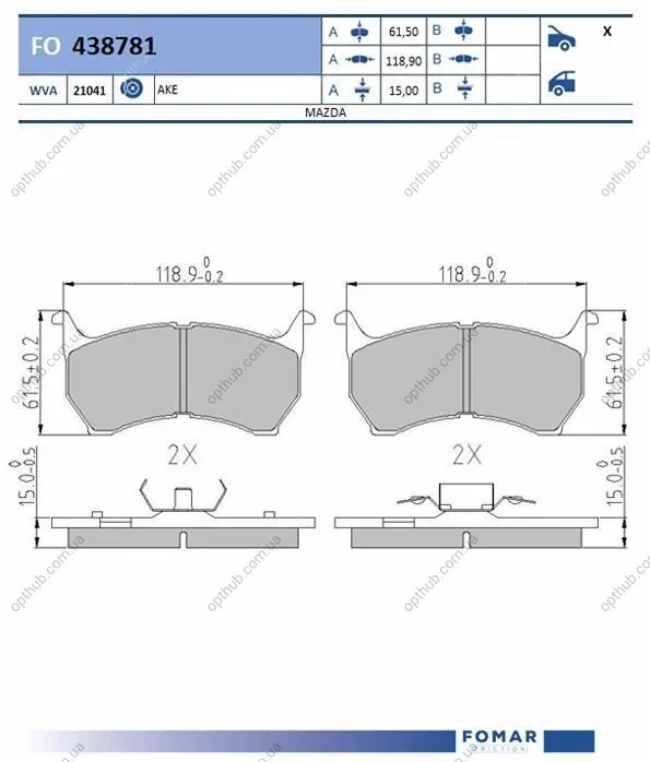 Колодки тормозные дисковые передние MAZDA 626 2.0 2.0D -87 FOMAR FO 438781 (фото 1)