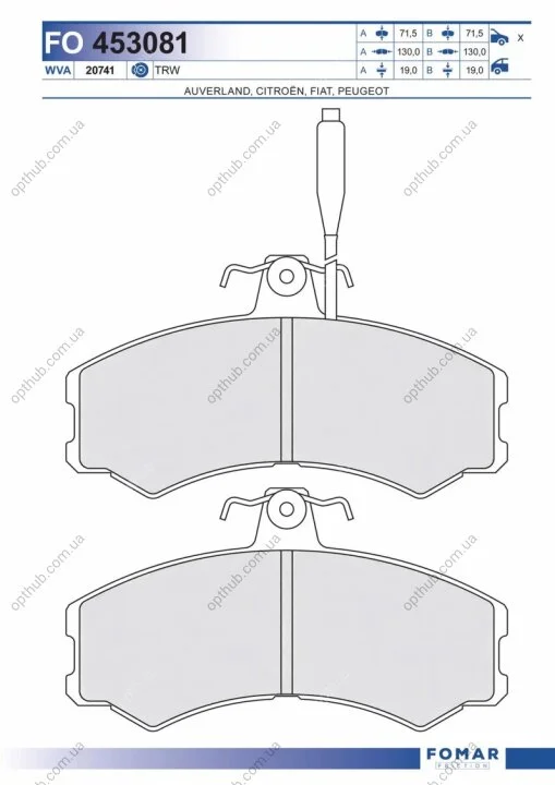 Колодки гальмівні дискові ПЕРЕДН CITROEN C25 2.5D 11.81-95, FIAT DUCATO 1.8, 2.0, 2.5D,2;5TD 11.81- -ua FOMAR FO 453081 (фото 1)