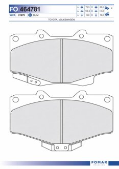 Колодки гальмівні дискові ПЕРЕДН TOYOTA HILUX 2,4 2,4TD 2,8D 98- LANDCRUISER 2,4D 2,4 3,0D 4,2D 90- -ua FOMAR FO 464781