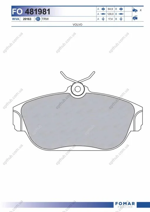 Колодки гальмівні дискові ПЕРЕДН VOLVO 940/940 II/940 II KOMBI/960/960 II/960 II KOMBI 01.1992- -ua FOMAR FO 481981 (фото 1)