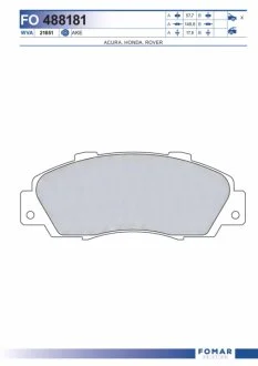 Колодки гальмівні дискові ПЕРЕДН HONDA ACCORD 2,0 2,2 3,0 90- 98- CIVIC 1,5 1,8 CR-V 1,6 97- FOMAR FO 488181