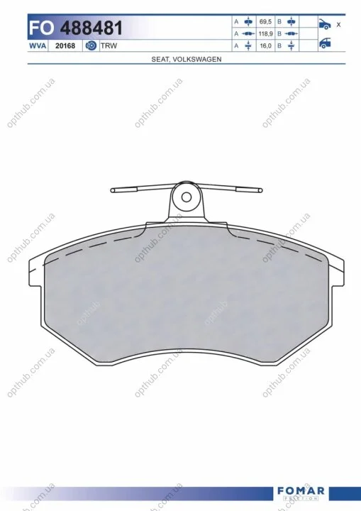 Колодки гальмівні дискові ПЕРЕДН SEAT CORDOBA, IBIZA, TOLEDO 93-99, VW GOLF,O 91-99, PASSAT 88-96 -ua FOMAR FO 488481 (фото 1)
