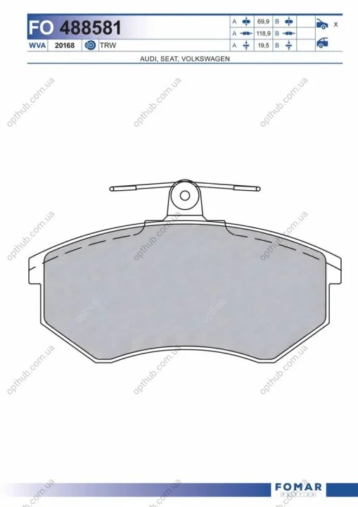 Колодки тормозные дисковые передние SEAT CORDOBA 96-,IBIZA 99-,TOLEDO 94-,AUDI A4 96-;VW GOLF 92-98,PAS FOMAR FO 488581 (фото 1)