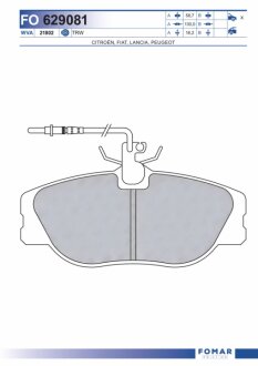 Колодки гальмівні дискові ПЕРЕДН CITROEN EVASION 94-02, FIAT ULYSSE 94-02, PEUGEOT 806 94-02 FOMAR FO 629081