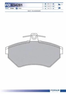 Колодки гальмівні дискові ПЕРЕДН SEAT CORDOBA 98-,IBIZA 98-,;VW GOLF 95-98,POLO 96-99,CADDY 98- -ua FOMAR FO 634281