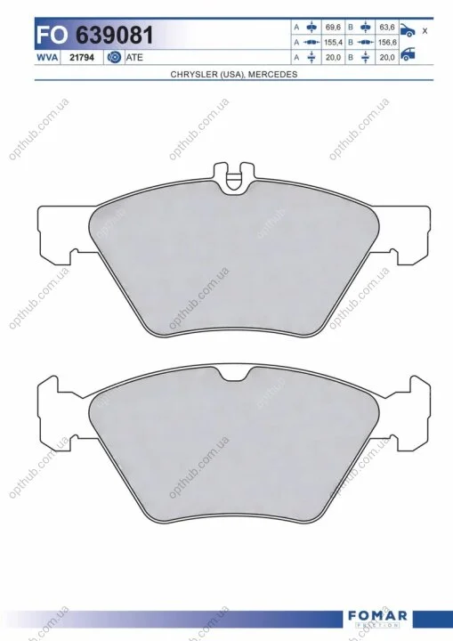 Колодки гальмівні дискові ПЕРЕДН CHRYSLER CROSSFIRE, MB CLK (C208), E (W210, S210), SLK (R170) -ua FOMAR FO 639081 (фото 1)