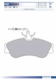 Колодки гальмівні дискові ПЕРЕДН CITROEN BERLINGO 97-01,XSARA 97-,PEUGEOT 306 97-,PARTNER 97-02 -ua FOMAR FO 642681