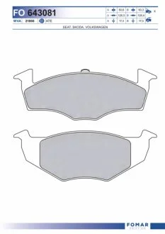 Колодки гальмівні дискові ПЕРЕДН SEAT AROSA 97-, SKODA FABIA 02-, VW POLO 94- -ua FOMAR FO 643081