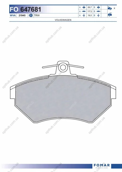 Колодки гальмівні дискові ПЕРЕДН AUDI A4 1.6-3.0 00-04, VW PASSAT 1.6-1.9 96-00 -ua FOMAR FO 647681 (фото 1)