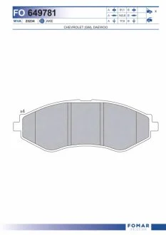 Колодки гальмівні дискові ПЕРЕДН CHEVROLET LACETTI 05-, DAEWOO NUBIRA 97-, DAEWOO LANOS 97- (14') -ua FOMAR FO 649781