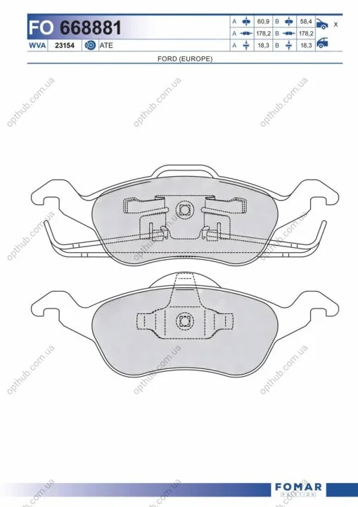 Колодки гальмівні дискові ПЕРЕДН FORD FOCUS 1.4I, 1.6I, 1.8I, 1.8 TDI, 2.0I 10.98- -ua FOMAR FO 668881 (фото 1)