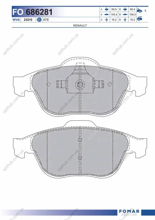 Колодки гальмівні дискові ПЕРЕДН RENAULT LAGUNA II 1.6-2.0 2001-, III 1.6-2.0 2007- -ua FOMAR FO 686281 (фото 1)