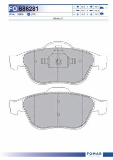 Колодки гальмівні дискові ПЕРЕДН RENAULT LAGUNA II 1.6-2.0 2001-, III 1.6-2.0 2007- -ua FOMAR FO 686281
