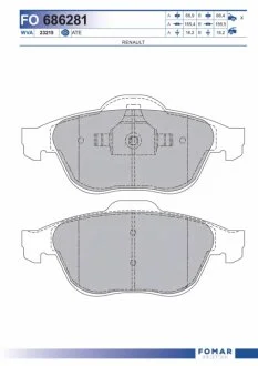 Колодки гальмівні дискові ПЕРЕДН RENAULT LAGUNA II 1.6-2.0 2001-, III 1.6-2.0 2007- -ua FOMAR FO 686281